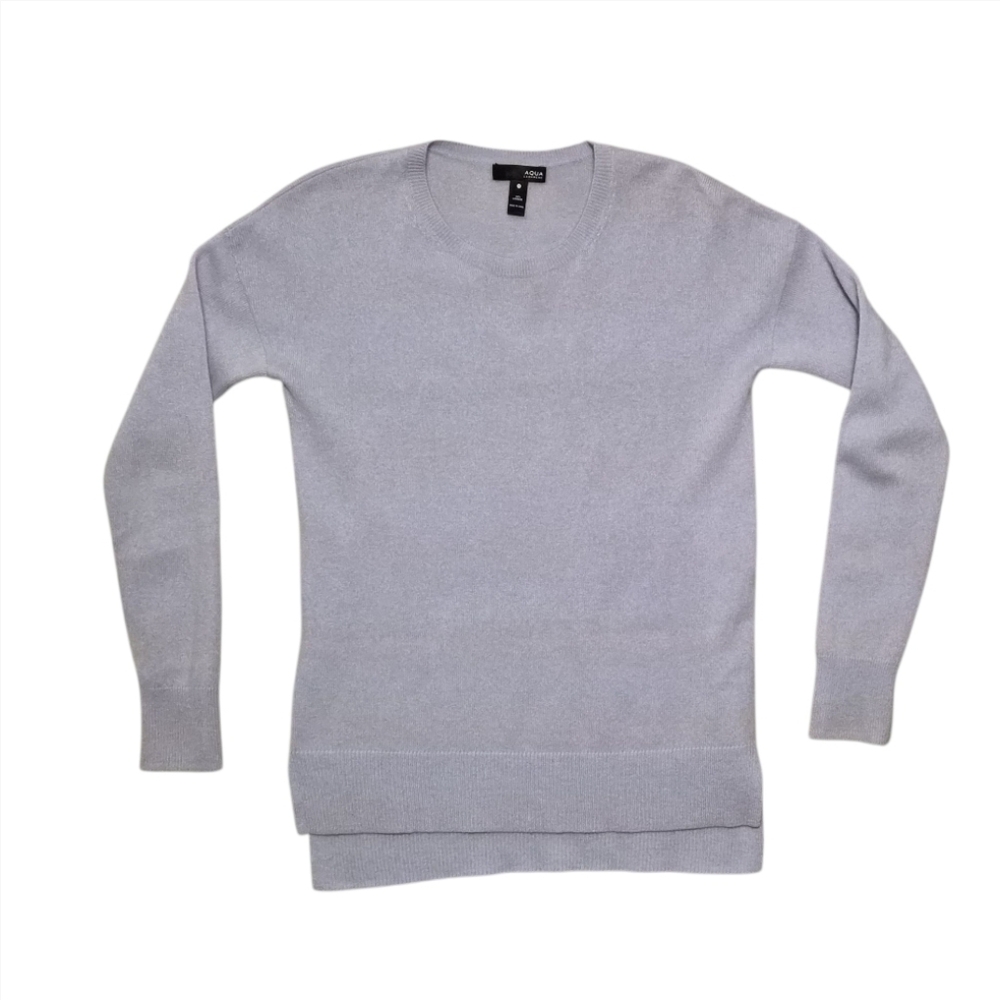 AQUA Cashmere SWEATER Ice Blue Grey Crewneck Soft High Low Hem sz S